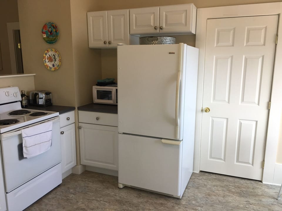 Full size fridge.  Door leads to hallway with washer, dryer and back deck.