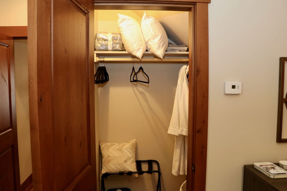 Lower level Master suite closet with robes, extra blanket, luggage rack.