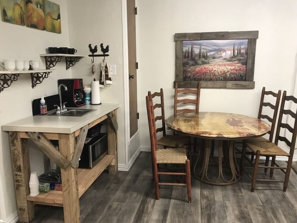 Bunkhouse that sleeps 16,  coffe bar, table, frig, microwave, TV. Lots of room!