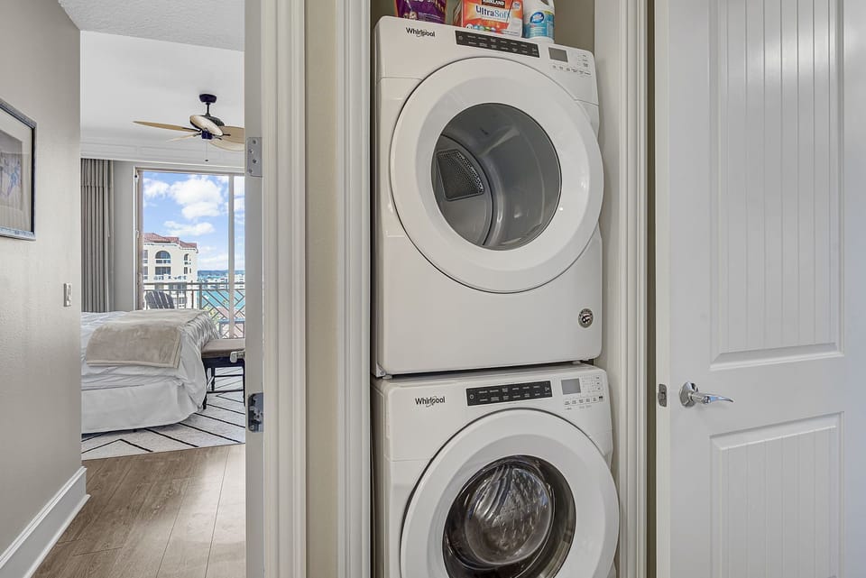 Full sized washer and dryer with everything you need. Detergent, softner, bleach