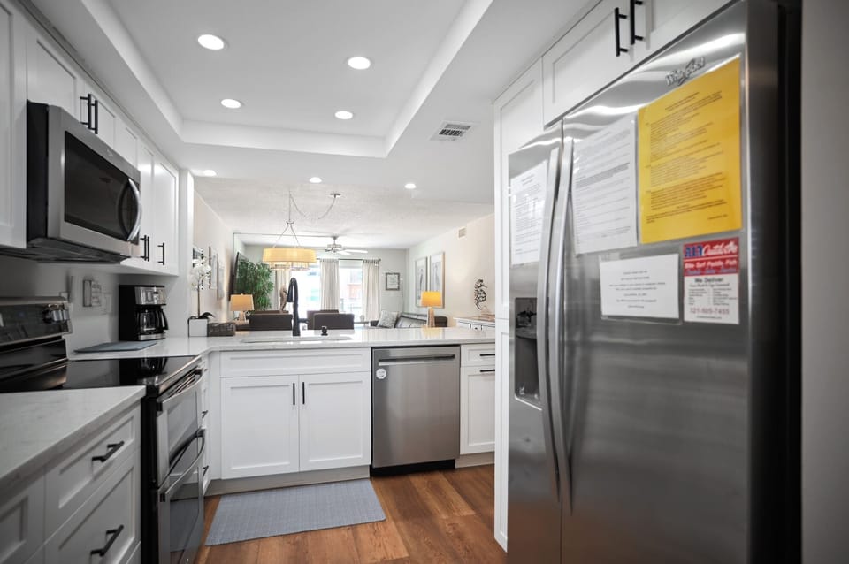 Stainless steel appliances and both a Keurig and regular coffeemaker.