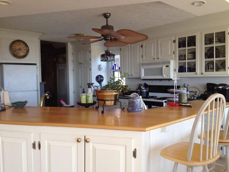 The kitchen island and bar with cabinets to house the DVD/Flat Screen system.