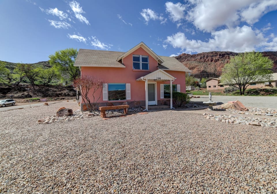 Street side of classic Moab farmhouse.
