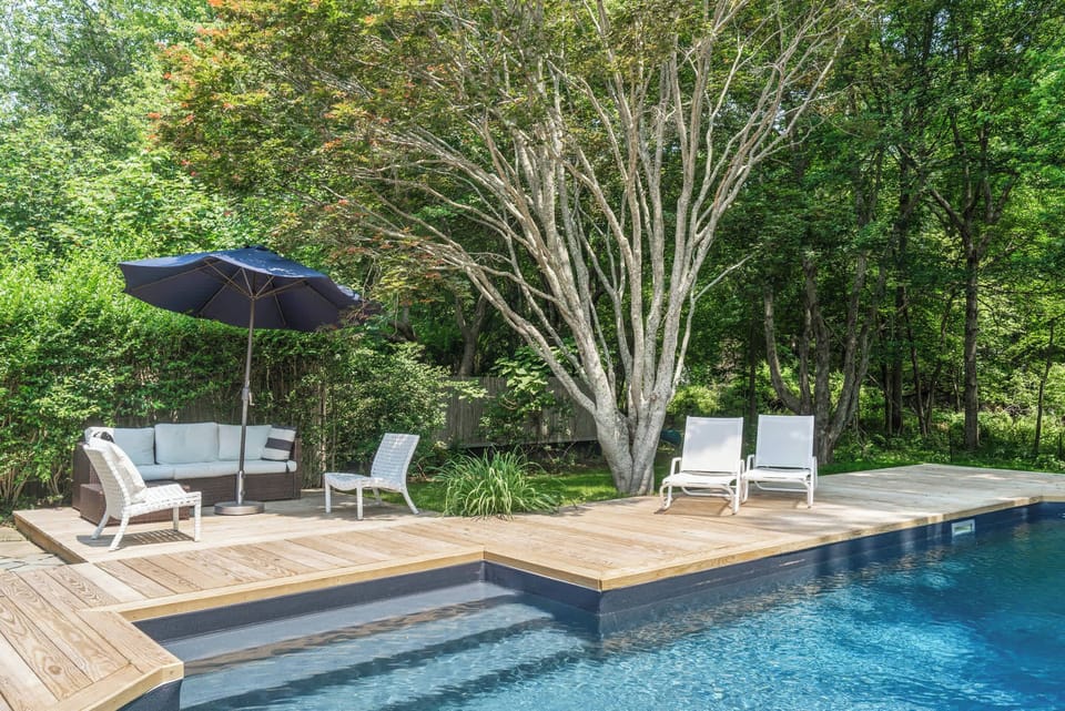 Poolside seating under the shade