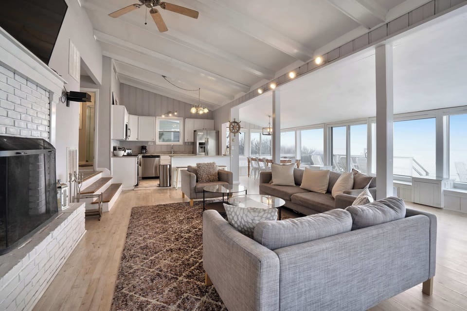 Open living area near the kitchen with water views