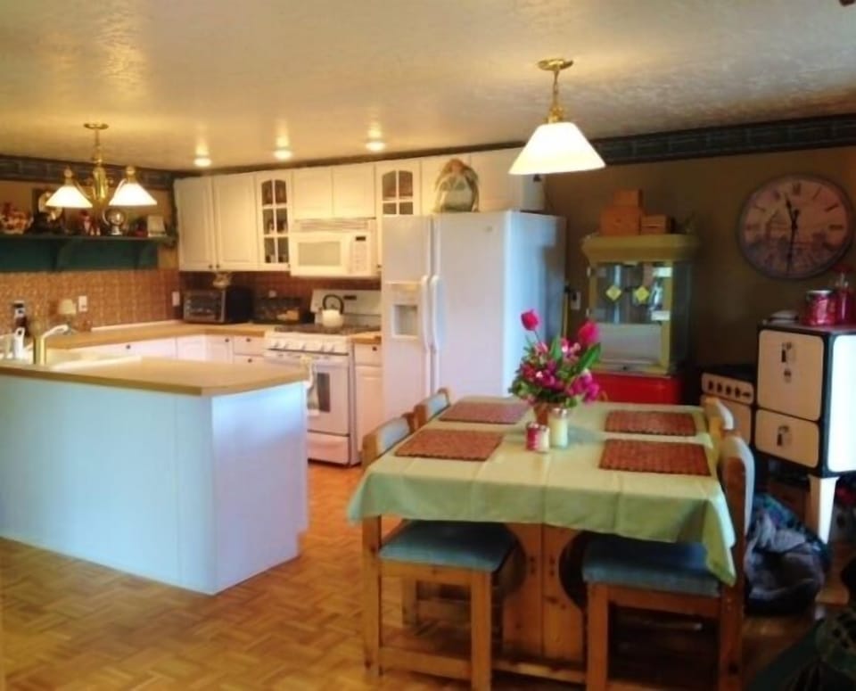 Kitchen, stove, dish washer, fridge, table, pots and pans