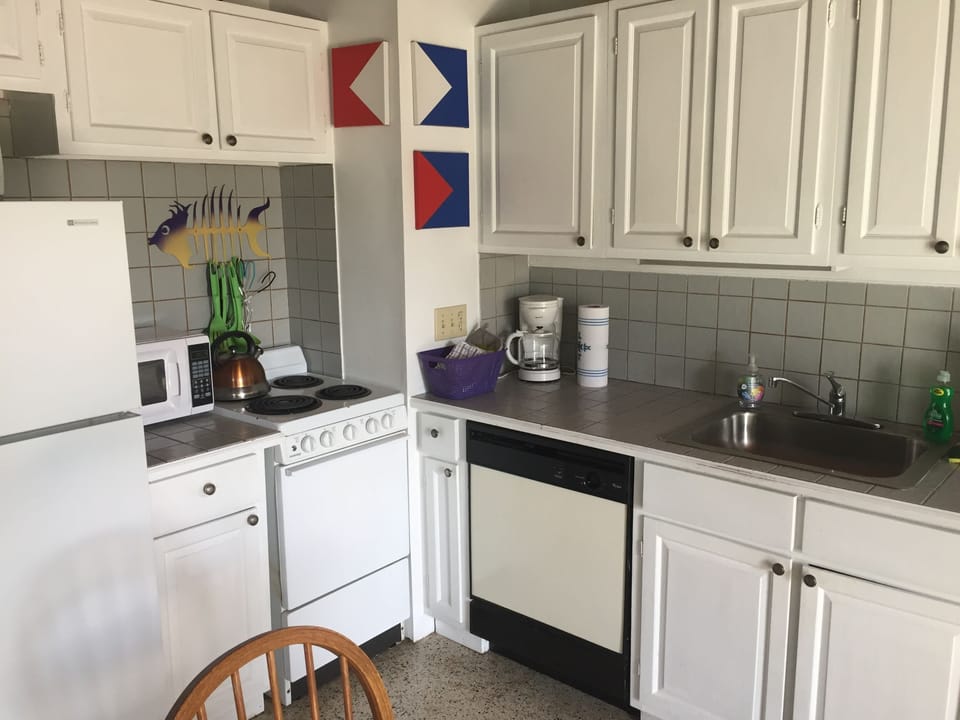 Partial view of the kitchen, with dish washer, refrigerator, and stove with oven