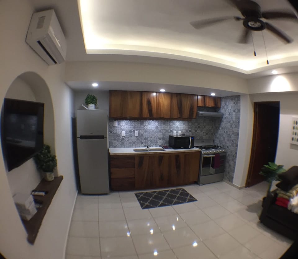 Kitchen and living room. 