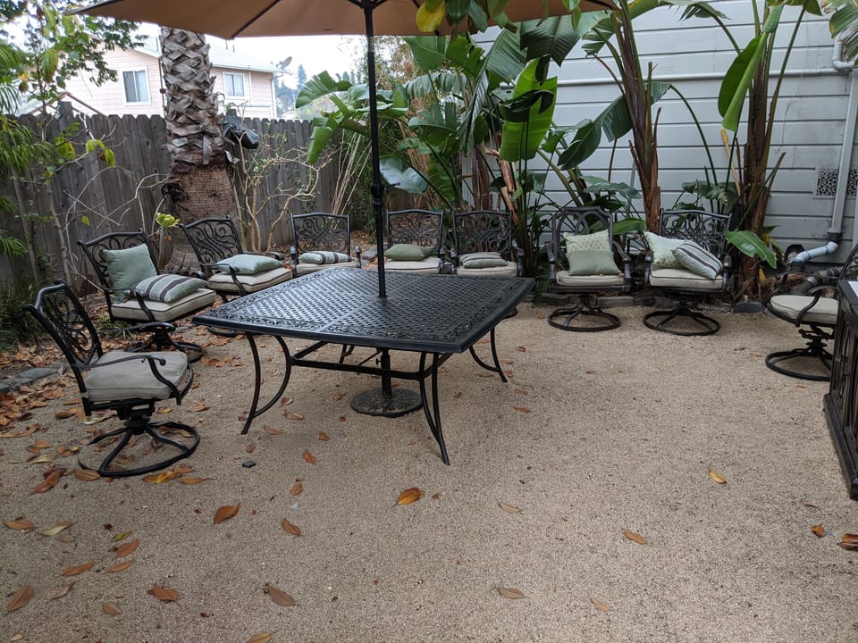 Lots of Outdoor  furniture. Here is 14 seat iron set. Includes 2 buffets
