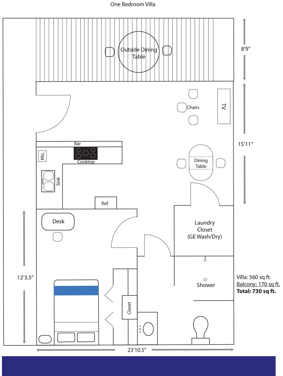 Typical one bedroom floor plan. This unit has a similar floor plan.