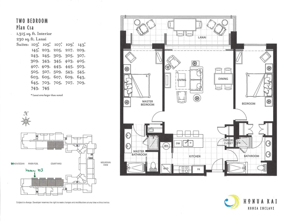 Konea 103 location / layout - Interior Courtyard.  Guest room now has 2 Kings.