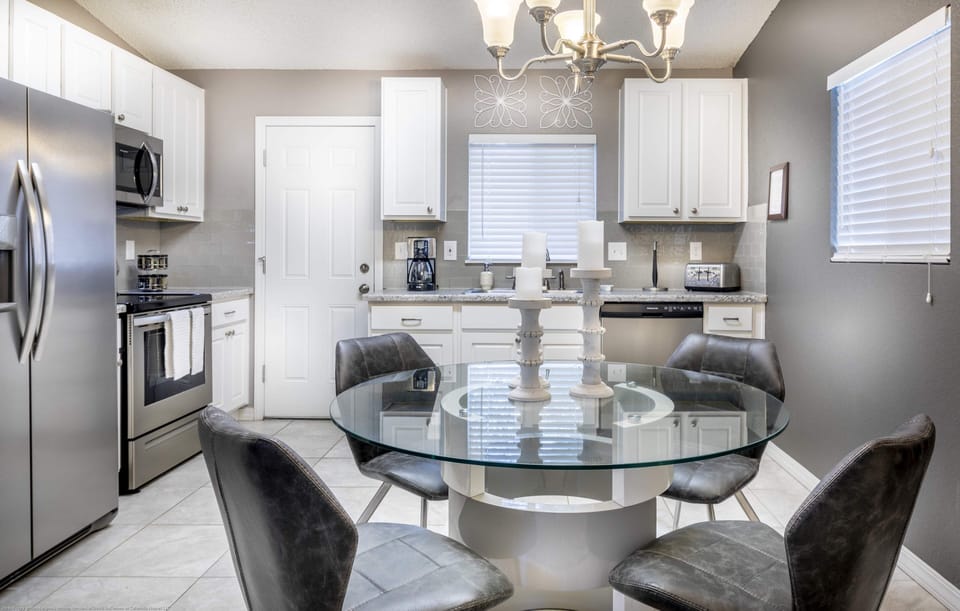 Dining table and seating for four.