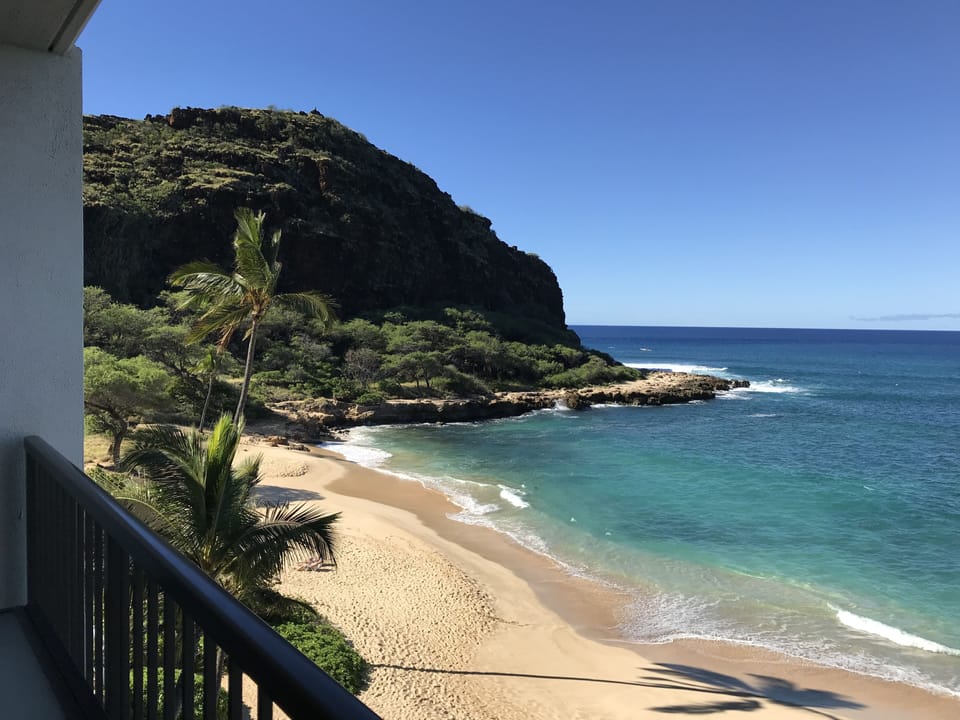 Beach looking to the left at Mt. Lahi - great spot for snorkeling and hiking