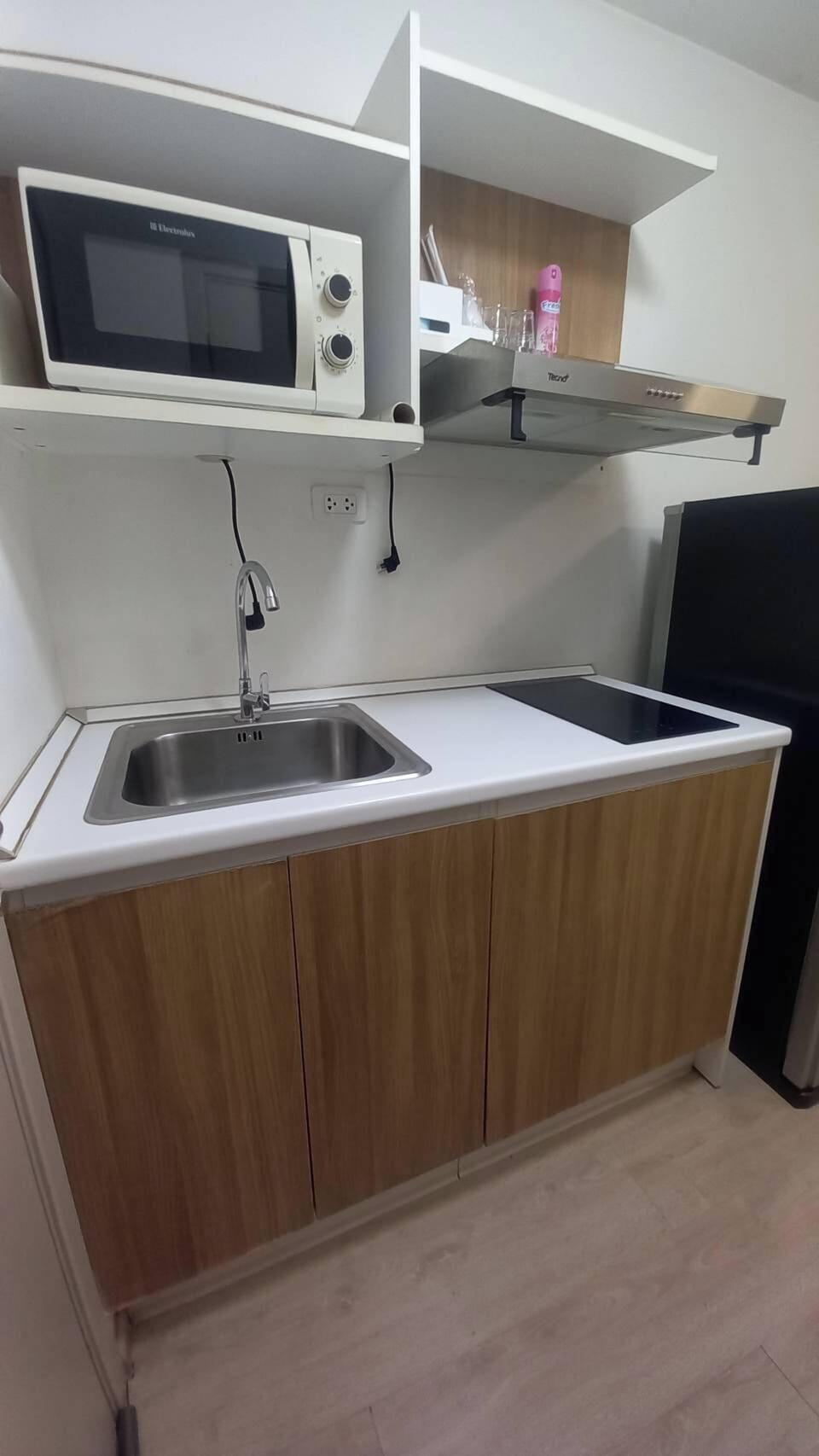 Kitchen with stove and vent, microwave, and full sized refrigerator.