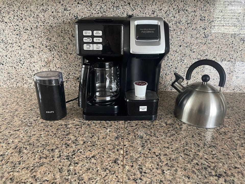 Coffee Bar with coffee pot/Keurig combo, hot water kettle and grinder
