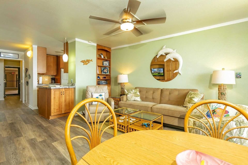 Comfortable living room and dining area with fabulous views of the ocean