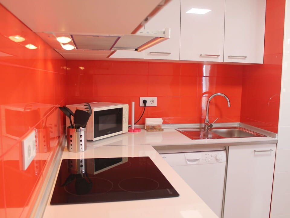 Room, Property, Countertop, Red, Orange, Kitchen, Cabinetry, Interior Design, Furniture, Ceiling