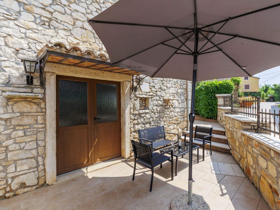 Outdoor Furniture, Furniture, Chair, Umbrella, Outdoor Table, Door, Composite Material, Flowerpot, Flagstone, Balcony