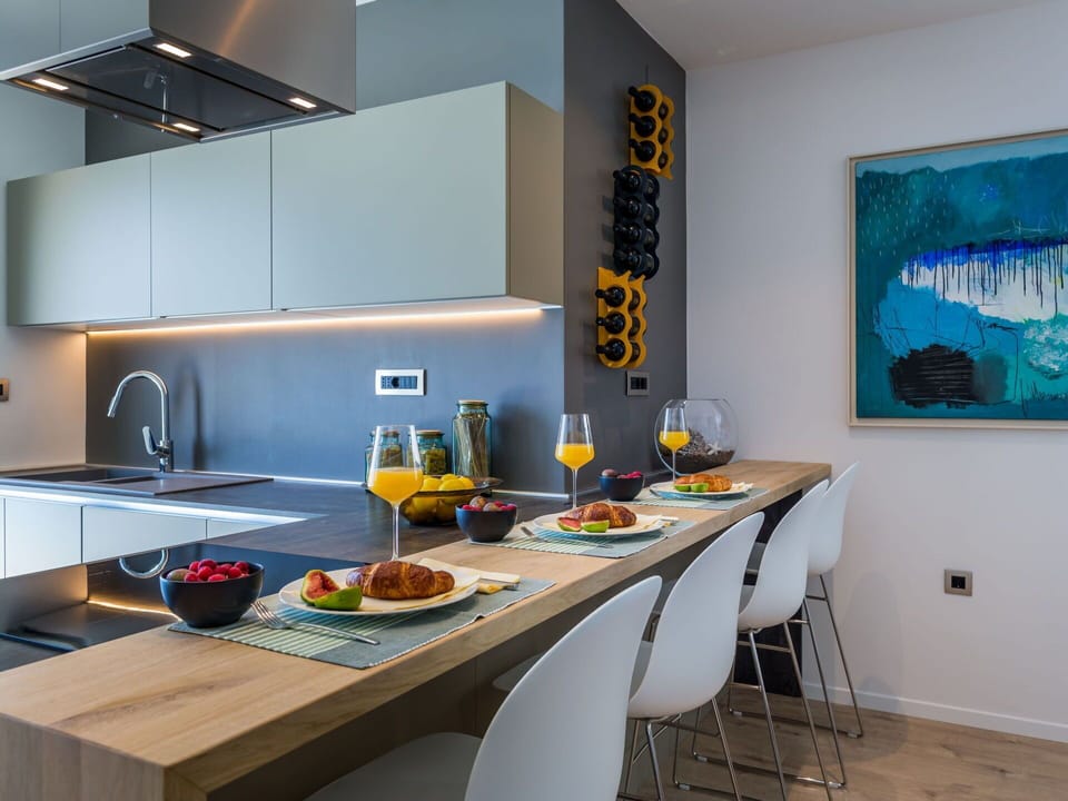 Food, Property, Cabinetry, Sink, Tableware, Blue, Countertop, Tap, Interior Design, Kitchen Sink