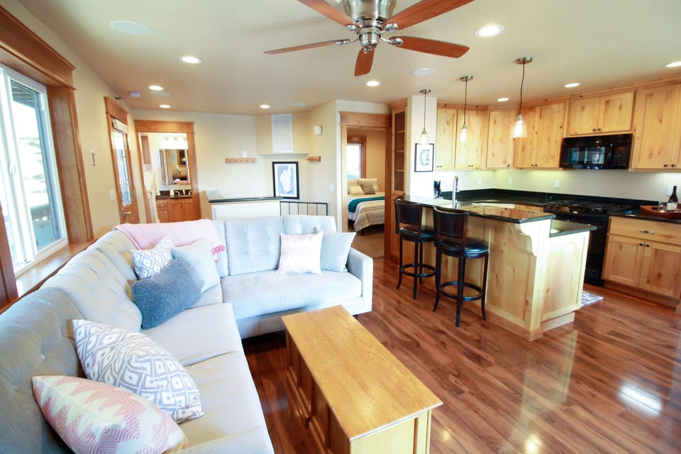 Cozy, bright living room with views of Lake Tahoe and the National Forest!