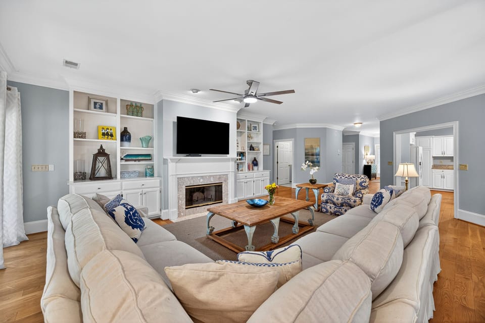 Spacious couch to relax and unwind after a long beach day