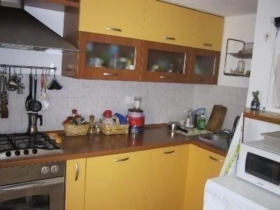 The well equipped kitchen with dishwasher, washing machine, oven and microwave.