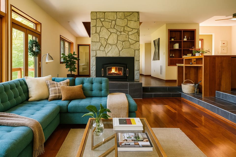 The cozy living room shares a double-sided fireplace with the dining room.  Curl up, read a book, play games with friends or just listen to music on the turntable or bluetooth speaker and let city life melt away!