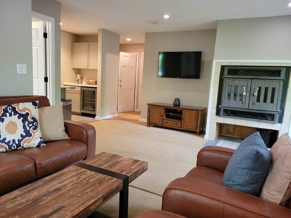 Lower living area with TV, fireplace and drinks area
