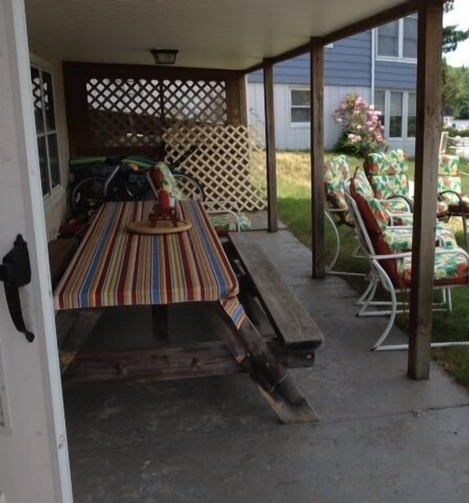 Under-the-porch picnic table for shade