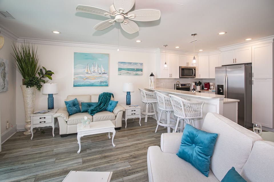 Comfortable Seating - Love Seat & Sofa with Pull-Out Queen, 3 seats at the bar.