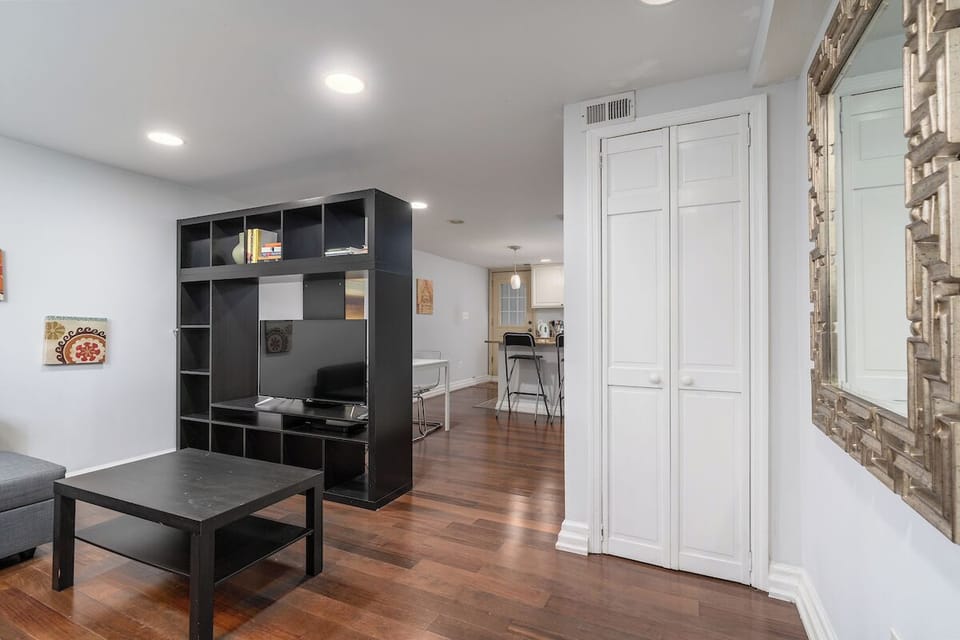 living room with view of storage closet 