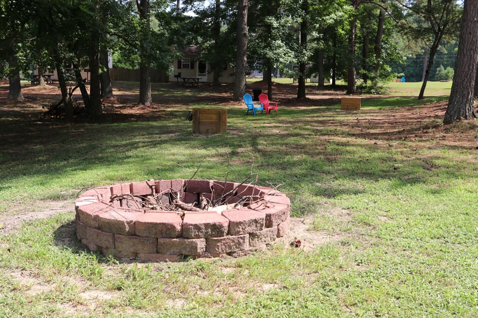 Fire pit and horseshoe pit..