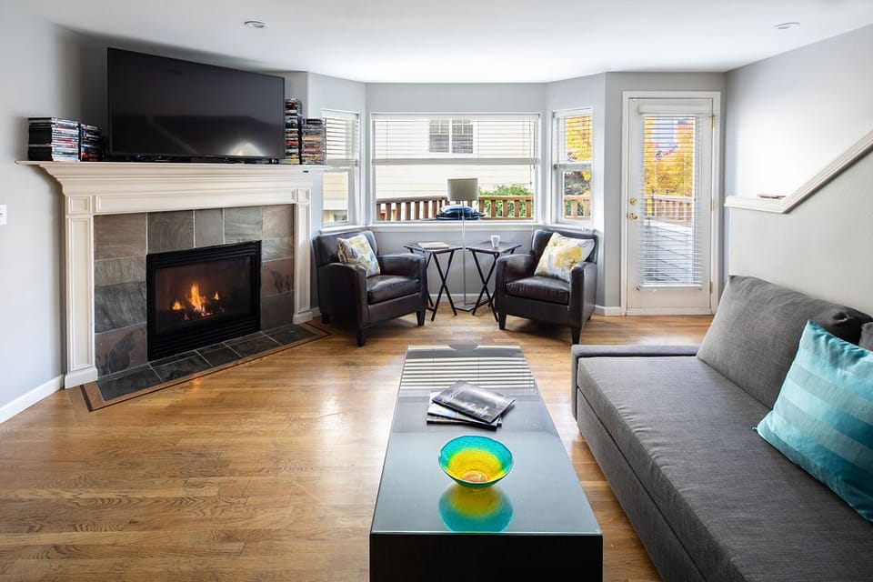 55" TV, Gas fireplace, Sofabed (double tall).