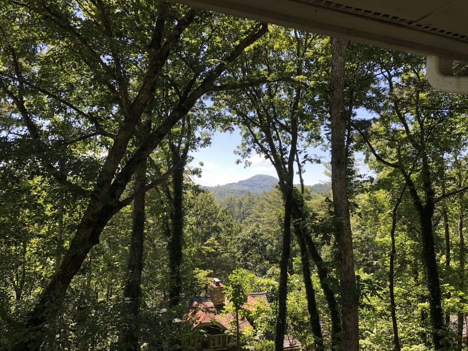 View from covered porch of Satulah Mountain, Sunset Rock and Little Bear Pen
