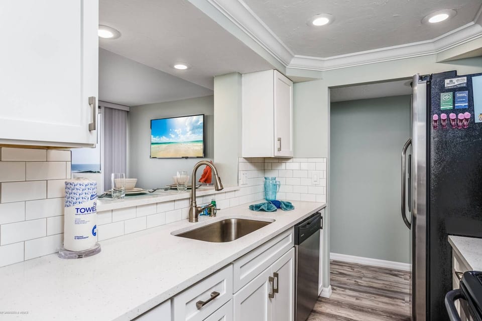 Updated granite countertops and new cabinets in the kitchen.  Pots, pans, dishes & all the necessary equipment to cook when you wish.
