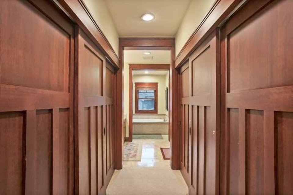 Tons of storage and a soaking tub in the distance