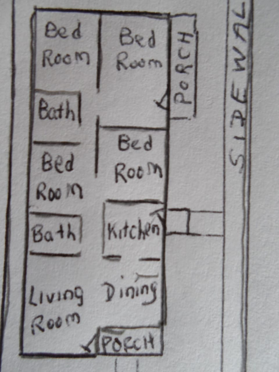 floor plan sketch, sidewalk goes to parking which is in the back