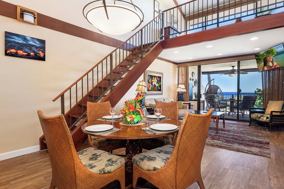 Indoor Dining with Stairs to Access Loft