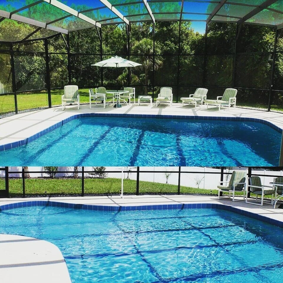 Large, private and secluded pool surrounded by a tranquil woodland garden.