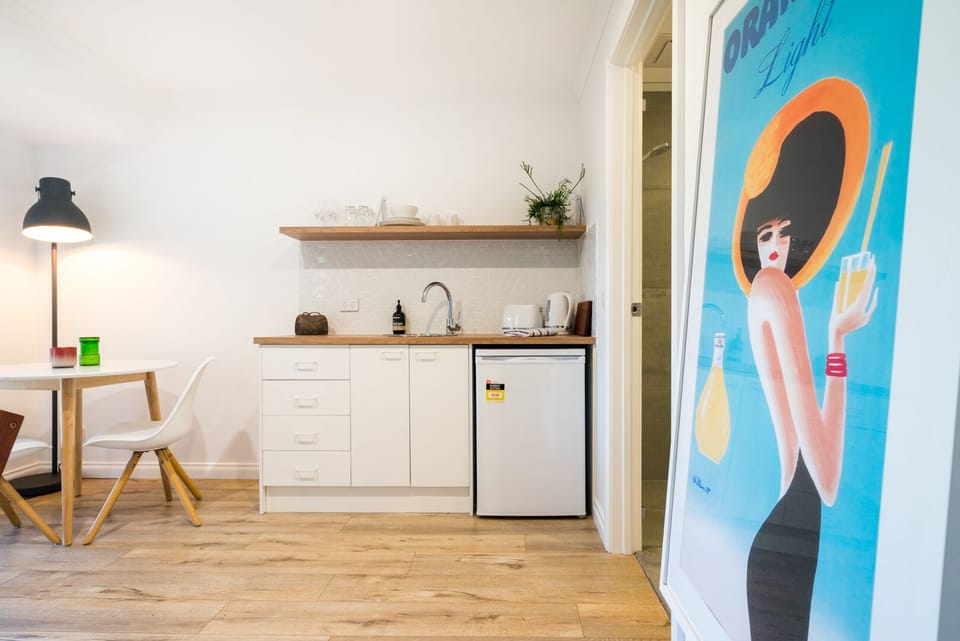 Downstairs private retreat: living, kitchenette, bathroom, queen bed & sofa bed