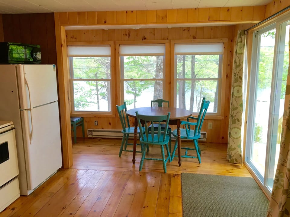 Dining area with view of lake.