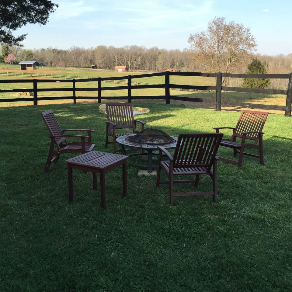 Back yard fire pit, horseshoes, and views.