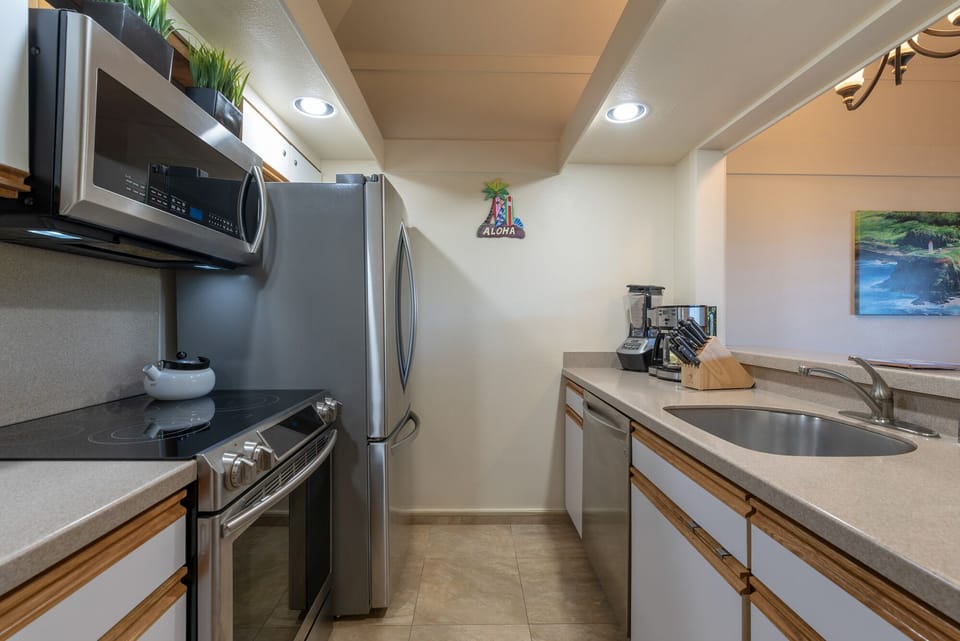 Kitchen with brand new stainless steel appliances, coffee maker, Ninja Blender,