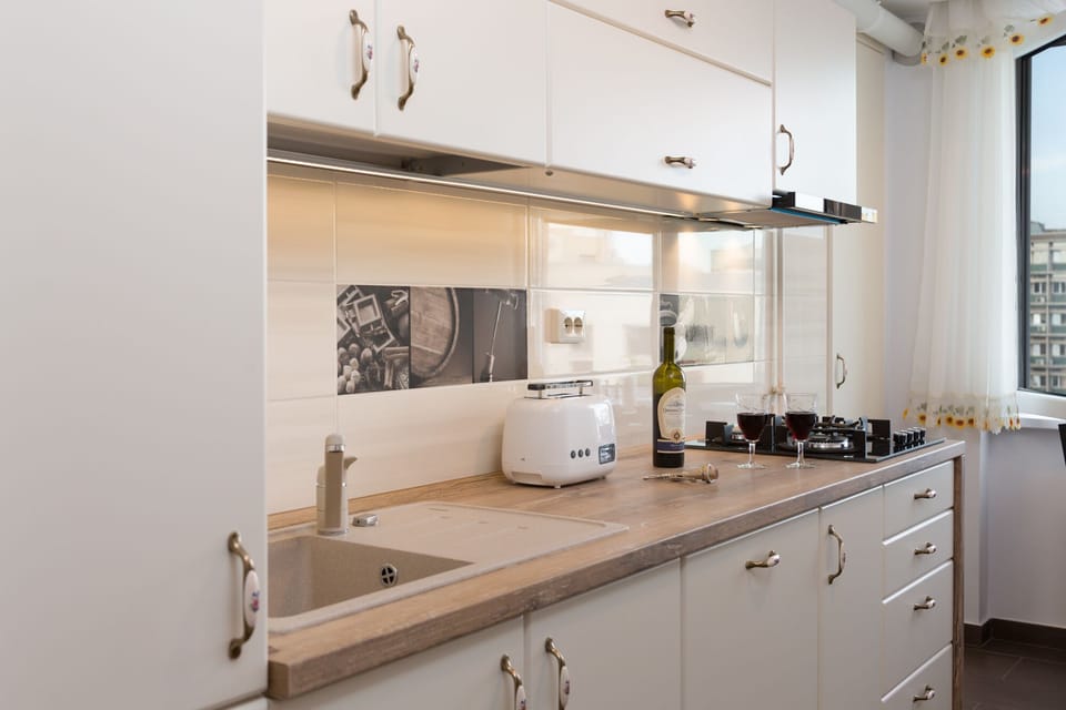 Fully equipped kitchen including gas stove and toaster 