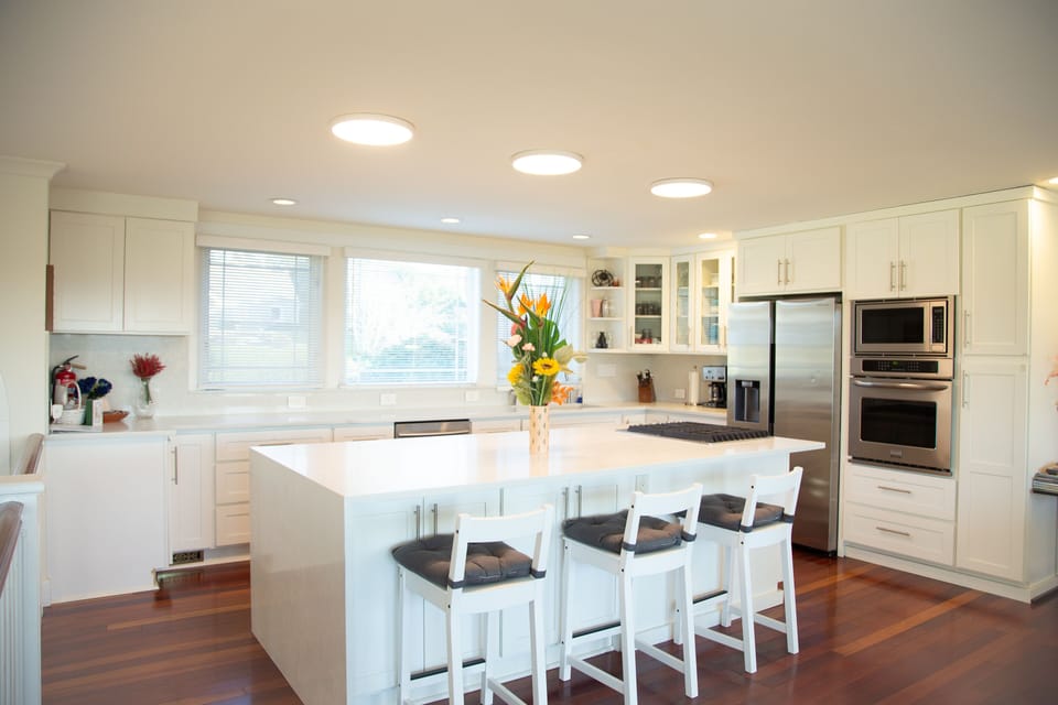 Kitchen #1 Upstairs with stove, oven, fridge, and coffee maker