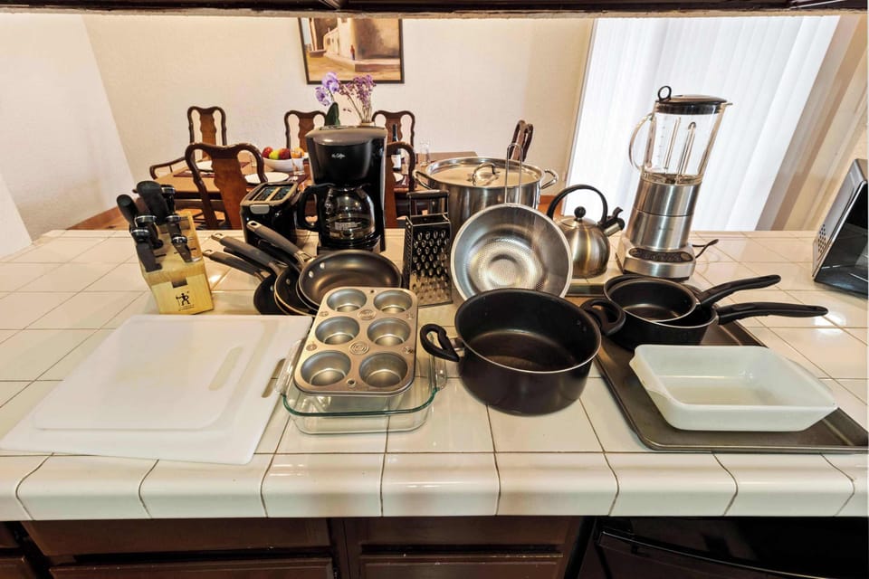 All your cooking needs, Included also are plates, cutlery, glasses, coffee cups and all the essentials.