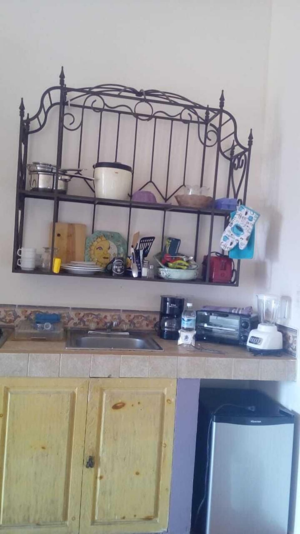 Pans, coffee maker, blender, microwave, fridge, 