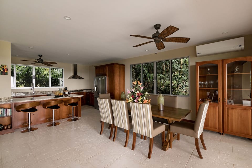 dining room table and kitchen area