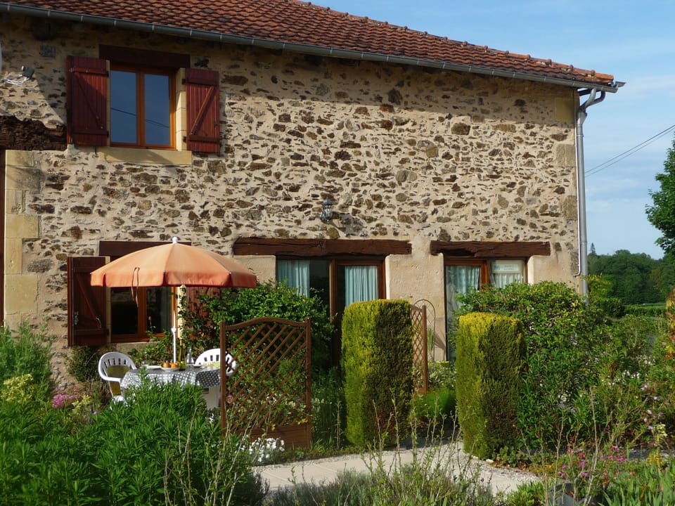 The barn, patio, entrance.