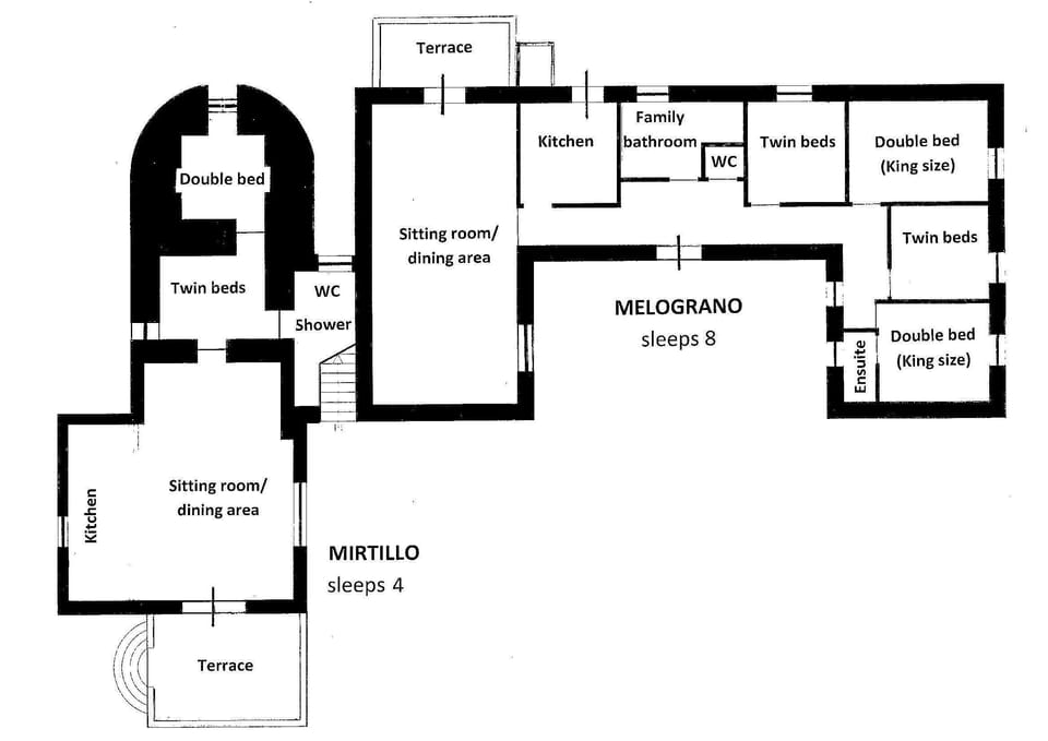 The floor plan showing MELOGRANO and the separate trullo apartment MIRTILLO.